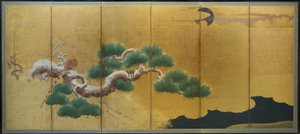 Fasan og fyr, ca. 1626 (blæk, farve og guld på papir) af Kano Koi