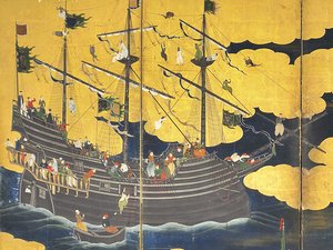 Detalje af Southern Barbarians Come to Trade, et par skærme med seks paneler, tidligt i det 17. århundrede