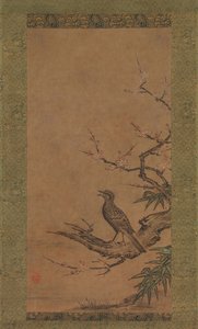 Brunøret Bulbul Hiyodori på en gren af blomme, midten til slutningen af det 16. århundrede.