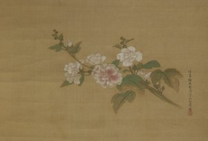 En gren af blomstrende hibiscus, Edo-periode (farve på silke)