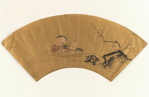 Mandarin and og blomstrende blomme (blæk & farve på bladguld) af Kano Yukinobu