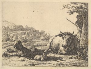Ko, voksne får og unge får, der ligger i græsset, bagved står en hyrde delvist ..., 1656. af Karel Du Jardin