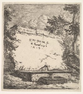 Frontispice med trappefontæne, en stenmur med vandtud, der hælder vand i en rec..., 1652. af Karel Du Jardin