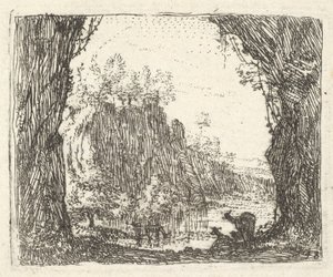 Landskab flankeret af træer i venstre og højre forgrund, silhuetter af to goa..., ca. 1641-78. af Karel Du Jardin