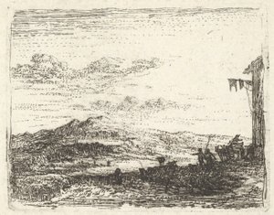 Landskab med hjørne af bygning og markise yderst til højre, to figurer og en hest-..., ca. 1641-78. af Karel Du Jardin