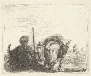 Pakhest, siddende mand med stav i højre hånd og hund, alt set bagfra..., ca. 1641-78. af Karel Du Jardin