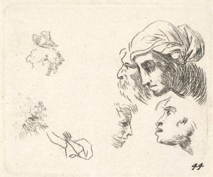 Studie af hoveder i profilvisning, en kvinde med hovedklæde og skægget mand, hvis hoveder ..., ca. 1641-78. af Karel Du Jardin