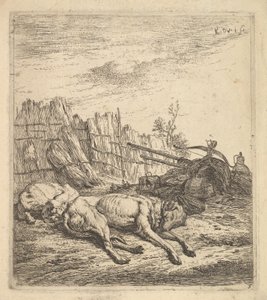 To hunde, der sover på jorden, en plov, landbrugsudstyr, halmklaser og en ..., ca. 1641-78. af Karel Du Jardin