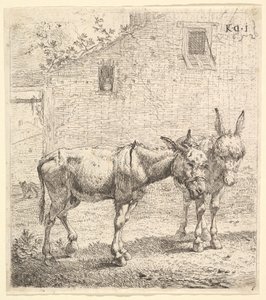 To æsler stående i en græsklædt gård, et i profilbillede mod højre og et andet bag..., 1652.