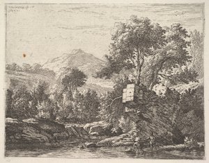 To mænd, der står ankeldybt i en vandmasse med et klippefremspring bag sig, til le..., 1658. af Karel Du Jardin