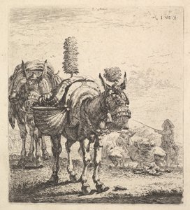 To muldyr, der bærer tasker og udstyret med skyklapper, faner og kvaster, en mu..., ca. 1641-78.