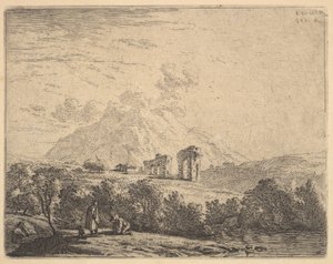 Udsigt over bjergskråning med ruiner, en akvædukt og bjergskrænt bagved, i forgrunden en m..., 1658. af Karel Du Jardin