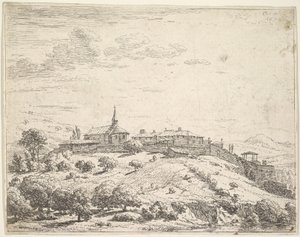 Bymuret landsby på en bakke med kirke til venstre og bygninger opført på skråningen a..., 1658. af Karel Du Jardin