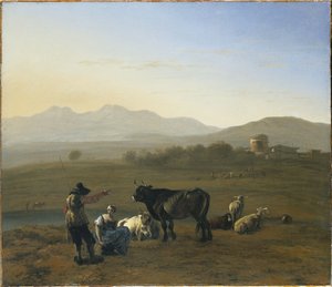Et omfattende landskab i den romerske Campagna, med kvæg og hyrder, 1975