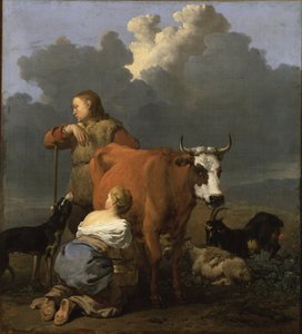 Bondepige, der malker en ko af Karel Dujardin
