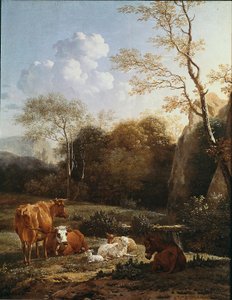 Dyrets bocage nær et vandløb. Maleri af Karel Dujardin (1622-1678) 1656 søn. 52x43 cm Paris, Musée du Louvre