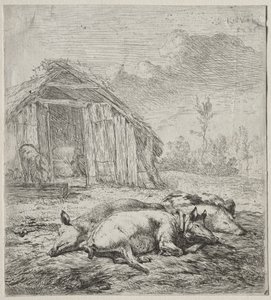 Tre svin, der ligger foran en stald af Karel Dujardin