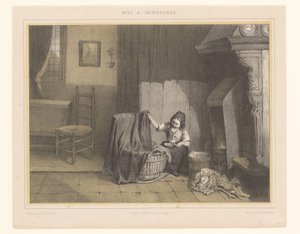 Interiør med en pige ved krybben Tidlige bekymringer af Karel Frederik Bombled