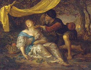 En hyrde, der knæler over en dame, der sover under en baldakin i et skovklædt landskab af Karel de Moor