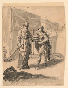 Tegning, Figur præsenterer brød for en general, ca. 1650