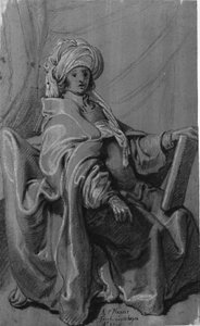 Siddende figur i kappe og turban, holdende en bog. Vendt mod højre. af Karel van III Mander