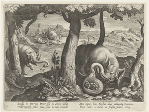 Olifant mødte slang i kamp Jachttaferelen (serietitel) Jagten på vildt, fugle og fisk i Bestiary (serietitel) af Karel van Mallery (attributed to)
