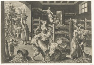 Samling af morbærblade og fodring af silkeormene Introduktion af silkeorm og silkeproduktion i Europa (serietitel) Vermis Sericus (serietitel på objekt)
