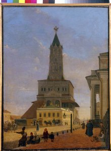 Sukharev-tårnet i Moskva. Bygget i 1695, arkitekt Tchoglokov og revet ned i 1934, var det placeret på hjørnet af ringen af ​​haver og Stretenka Street. Maleri af Karl Petrovich Bodri (1812-1894), olie på lærred af Karl-Fridrikh Petrovich Bodri