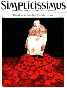 Forsiden af det tyske magasin Simplicissimus (ca. ) forestiller Churchill og en flod af blod og kranier. ca. 1940 (litografi)