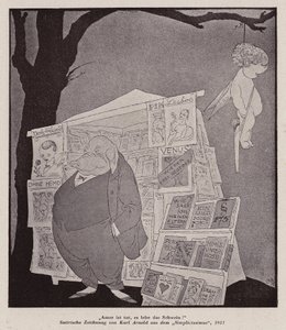 Amor hænger i et træ over en gadekiosk, der sælger pornografi (litho)