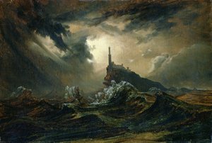 Stormfuldt hav med fyrtårn