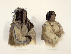 Mehkskeme-Sukahs, Blackfoot Chief og Tatsicki-Stomick, Piekann Chief, plade 45 fra bind 2 af "Travels in the Interior of North America", graveret af Allais, 1844 (akvatint) af Karl Bodmer