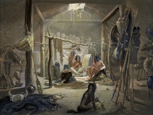 Det indre af en hytte af en Mandan-høvding, plade 19 fra bind 2 af Travels in the Interior of North America, indgraveret af Narcisse Desmadryl, 1844 farvet akvatintedetalje af 103848 af Karl Bodmer