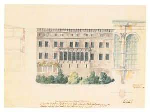Et design til en ny trappeopgang til den nordlige facade af slottet ved Stettin, med en undersøgelse af loggiaen, et tværsnit af facaden, og en engageret pilaster, ca. 1840 (blyant, pen og blæk og af Karl Friedrich Schinkel