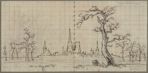 Udsigt over en by med en højt ragende katedral i et vinterlandskab af Karl Friedrich Schinkel