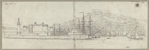 Udsigt over Napoli med havnen, Castel Nuovo, fyrtårnet og Castel Sant
