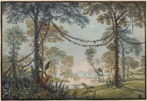 Armida. Opera af Christoph Willibald Gluck. Udkast til 3. dekoration. Lund prydet med guirlander ved en søbred af Karl Friedrich Schinkel