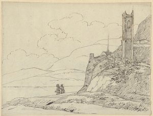 Bjerglandskab med tårnruiner og figurer af Karl Friedrich Schinkel