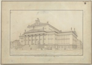 Berlin. Skuespilhuset på Gendarmenmarkt. Perspektivisk vue af forsiden af Karl Friedrich Schinkel