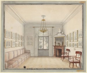 Berlin. Charlottenburg Slot, slotspark, Den Nye Pavillon (Schinkel-pavillonen). Udsigt over Det Hvide Værelse som forbillede for indretningen af rummene på førstesalen af Karl Friedrich Schinkel