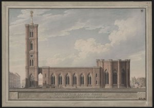 Berlin, Spittelmarkt. Udkast til Sankt Gertruds Kirke. Udvendig udsigt af Karl Friedrich Schinkel