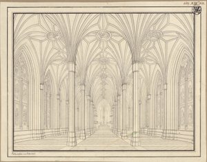 Berlin, Spittelmarkt. Udkast til Sankt Gertruds Kirke. Indre set gennem kirkeskibet mod koret af Karl Friedrich Schinkel