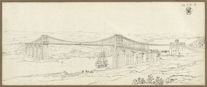Udsigt til hængebroen over Menaistrædet nær Bangor i Wales af Karl Friedrich Schinkel