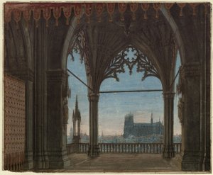 Jomfruen fra Orléans. Sørgespil af Friedrich Schiller. Udkast til den 8. dekoration. Gotisk hal med udsigt over Reims af Karl Friedrich Schinkel