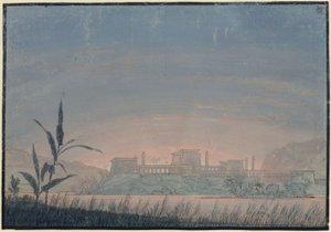 Tryllefløjten. Opera af Wolfgang Amadeus Mozart. Udkast til den 10. dekoration. Landskab med Sarastros borg af Karl Friedrich Schinkel