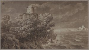 Klippekyst med et fyrtårn i antik stil i oprørt hav af Karl Friedrich Schinkel