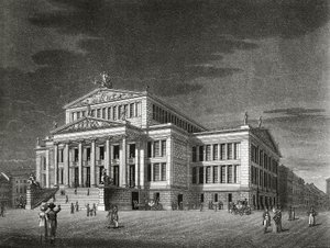 Tyskland, Berlin, udsigt over Schauspielhaus (koncertsal), stik af Karl Friedrich Schinkels (1781-1841) af Karl Friedrich Schinkel