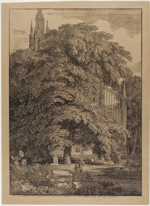 Gotisk kirke bag en egelund med grave af Karl Friedrich Schinkel