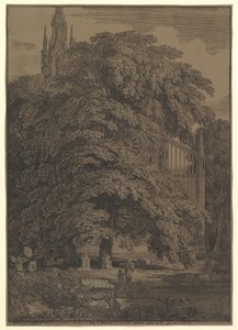 Gotisk kirke skjult af et træ, 1810. af Karl Friedrich Schinkel