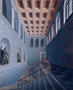 Indvendigt billede af en trappe, design til et slot i Koestritz, 1802-03 (pen & blæk og bc på papir) af Karl Friedrich Schinkel